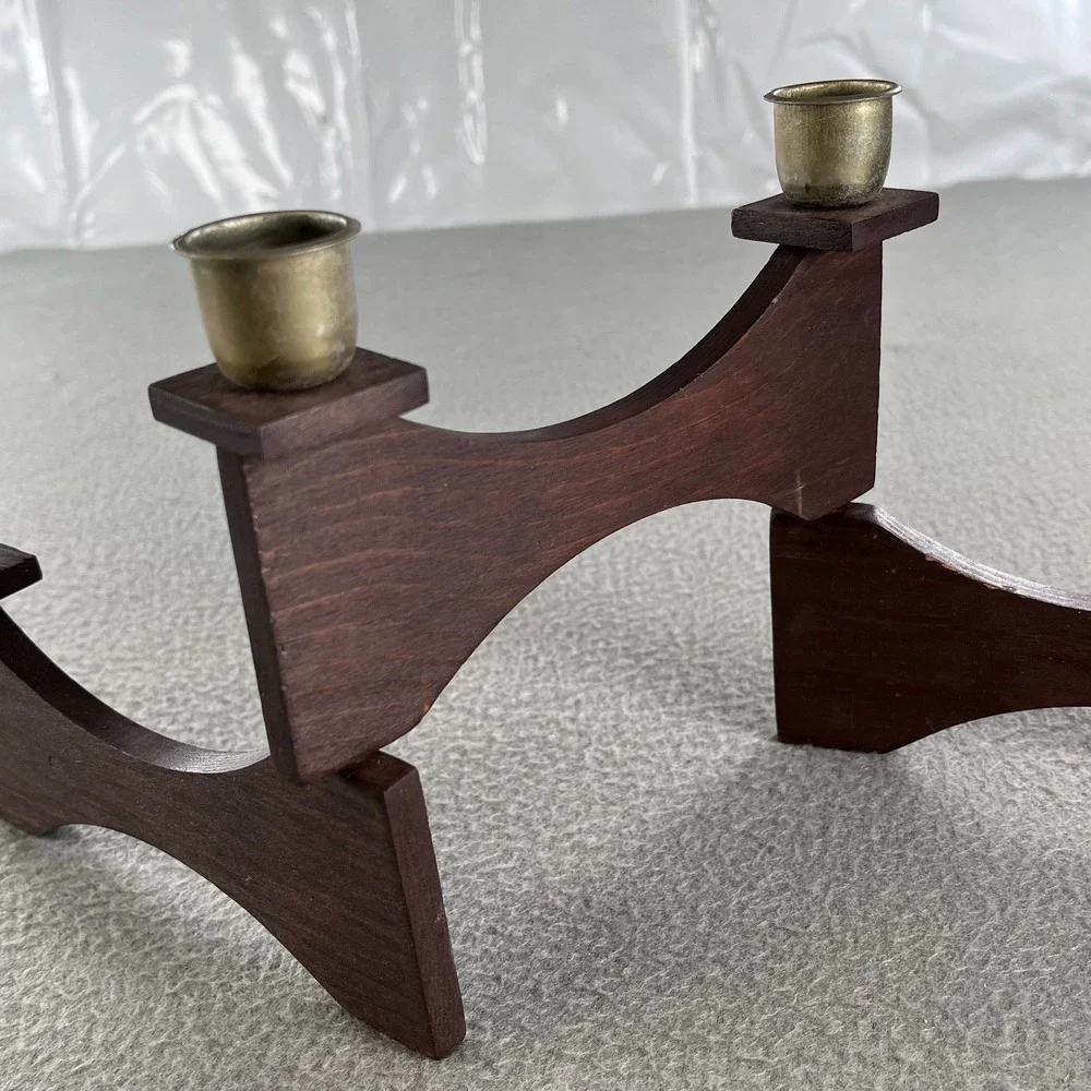 Vintage Danish Teak Style Articulated Folding Wood Brass 4 Light Candelabra MCM